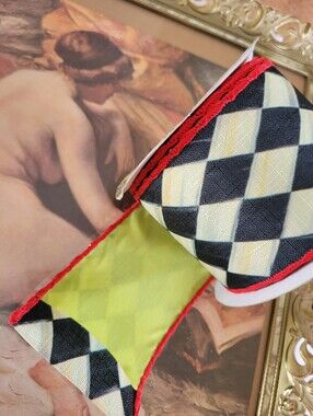 Mackenzie-Childs Courtly Check Wired Ribbon Red Trim Chartreuse Back NWT